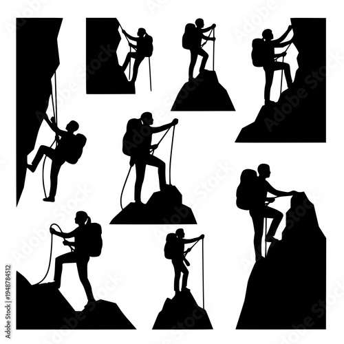 Climber silhouette vector illustration set hiker rock climbing EPS10 isolated on white