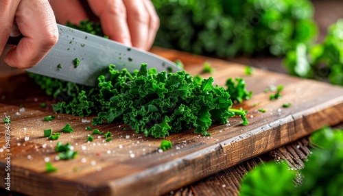 Close up of fresh kale leaves being chopped with chef knife on rustic wooden cutting board healthy cooking preparation organic vegetables