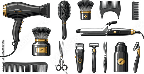 Professional barber and hair salon tool set with hair dryer scissors combs curling iron and electric clippers in elegant black and gold design vector illustration for grooming and styling.