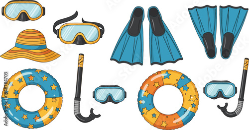 Hand drawn summer beach vacation set with snorkeling masks and tubes blue and orange star pattern inflatable rings flippers and sun hat vector illustration for tropical holiday.