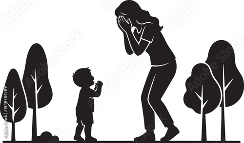 Mother Playing Peekaboo with Child Minimal Vector Silhouette Joyful Parenting Illustration