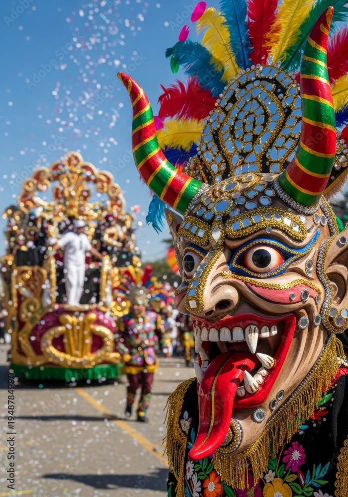 Obraz premium Dancer wearing traditional devil mask at Bolivian carnival parade. Performer in colorful costume with feathers and mirrors celebrating folklore culture. Festive street party celebration.