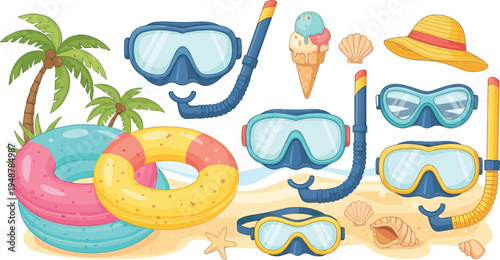 Summer beach vacation set with snorkeling masks and tubes colorful inflatable rings palm trees shells and ice cream cone vector illustration for tropical holiday travel and ocean activities.