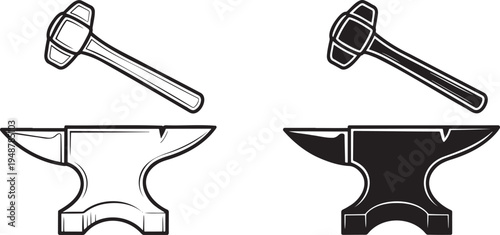 Blacksmith anvil and hammer silhouette & outline set isolated on transparent background