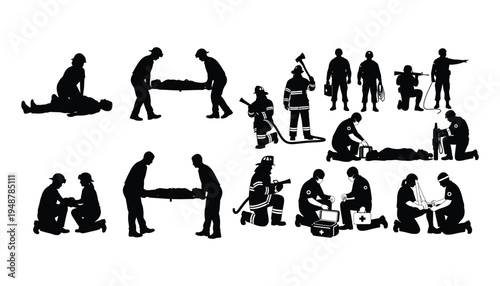 Battlefield Medic Silhouette Vector Set: Emergency Aid and Rescue Actions