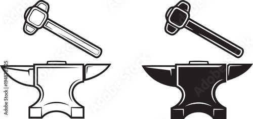 Blacksmith anvil and hammer silhouette & outline set isolated on transparent background