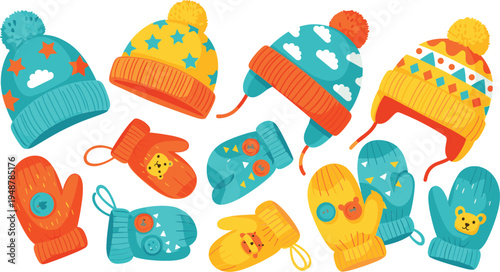 Colorful kids winter accessories set with knit beanies featuring stars and clouds pattern and matching mittens with cute animal faces vector illustration for children cold weather fashion.