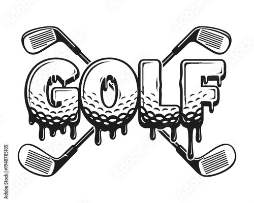 A black and white graphic illustration featuring the word golf with a melting golf ball effect