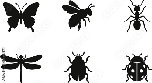 Detailed Collection of Insect and Bug Icons Featuring Butterfly Bee Ant Dragonfly Beetle and Ladybug for Entomology and Nature Design Projects