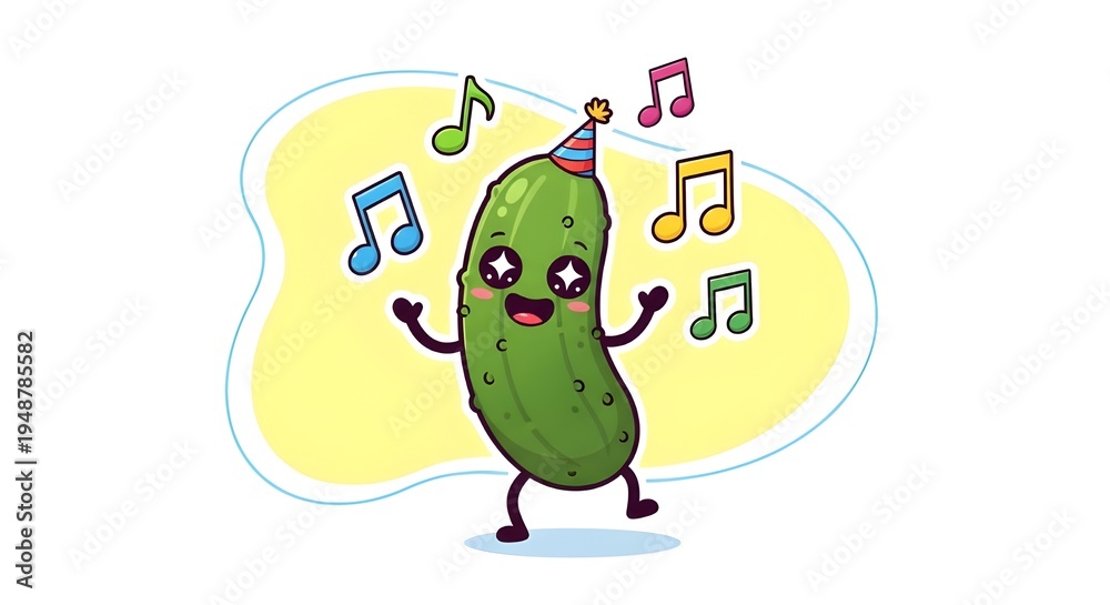 Obraz premium Cute cartoon pickle dancing with musical notes around it, bright cheerful colors, sticker-style illustration