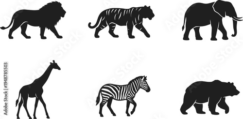 Comprehensive Collection of Wild Animal Icons Featuring Lion Tiger Elephant Giraffe Zebra and Bear for Safari and Wildlife Design Projects