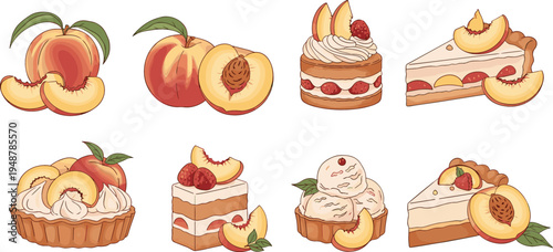 Delicious peach dessert vector set featuring gourmet tarts cheesecake slices cream cakes and ice cream scoops with fresh fruit garnish for bakery menus cafe branding and summer recipes.