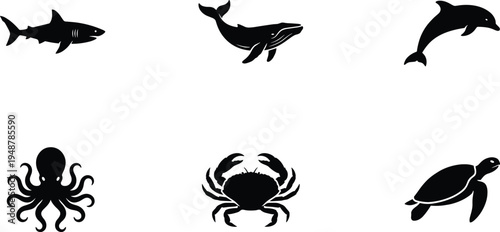 Marine Life Icon Set Shark Whale Dolphin Octopus Crab and Turtle