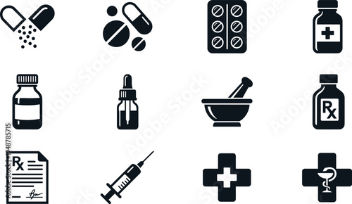 Medical and Pharmaceutical Supplies Icon Set Pills Dropper Mortar Prescription Syringe and Cross
