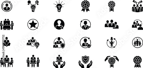 Business teamwork leadership icons, innovation recognition award symbols, collaboration protection security compassion care, meeting communication unity success, black white vector illustration set