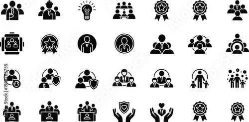 Business teamwork leadership icons, innovation recognition award symbols, collaboration protection security compassion care, meeting communication unity success, black white vector illustration set