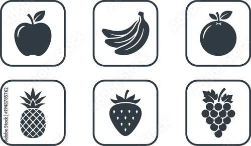 Fresh Fruits Icon Set Apple Banana Orange Pineapple Strawberry and Grapes