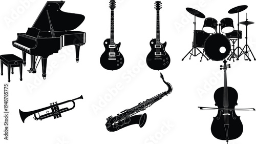 Musical instrument silhouettes, piano, electric guitar, cello, saxophone, trumpet, drum set, orchestra, jazz, classical, band, performance, music collection