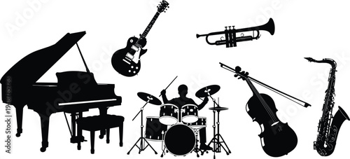Musical instrument silhouettes, piano, electric guitar, cello, saxophone, trumpet, drum set, musician, orchestra, jazz, classical, band, performance, music collection