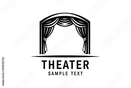 Black and white vintage-style theater stage logo with elegant draped curtains and arched proscenium, featuring 'THEATER' text below.