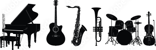 Musical instrument silhouettes, piano, acoustic guitar, double bass, saxophone, trumpet, drum set, orchestra, jazz, classical, band, performance, music collection