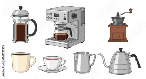 Various coffee making tools and vessels arranged in a graphic illustration