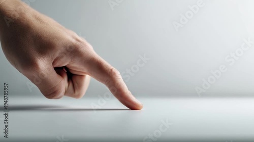 Minimal human hand finger touch gesture closeup of soft skin contact, gentle pointing and resting smooth clean surface, adult caucasian hand finger touch gesture with calm mood and copy space