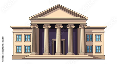 Cartoon illustration of a neoclassical building with prominent columns