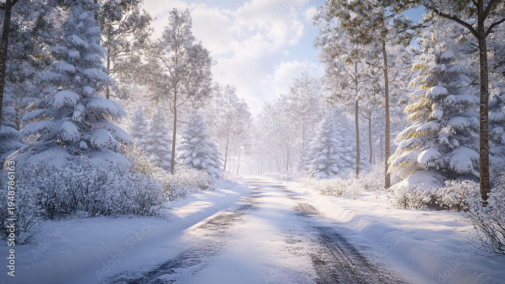 Obraz premium road in the middle of snow fir forest trees background, winter