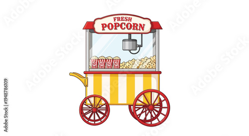 A colorful cartoon depiction of a popcorn cart, brimming with freshly popped kernels.