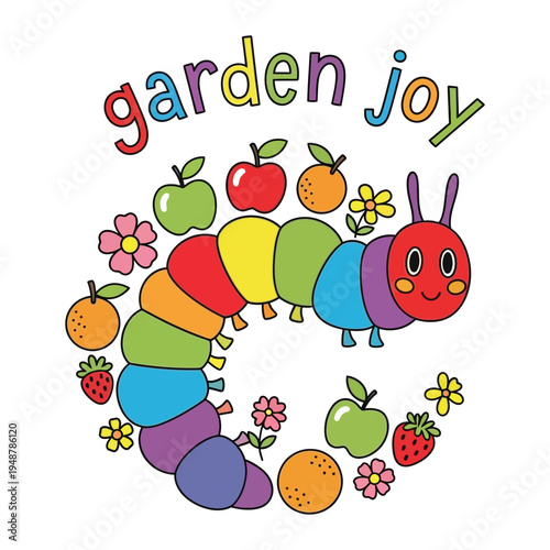 A colorful cartoon caterpillar surrounded by fresh fruits and flowers for children's illustration
