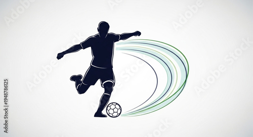 Silhouette of a soccer player kicking a ball with motion lines.