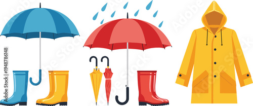 Rainy day weather set with colorful umbrellas rubber boots and yellow raincoat vector illustration for autumn season outdoor activity equipment and protection gear concepts for design.