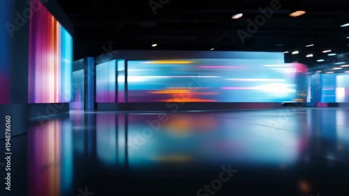 Motion blur reveals speed in high tech exhibition space filled with displays and digital art at an indoor event