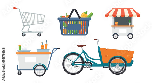Various shopping vehicles and food stands in a colorful flat illustration