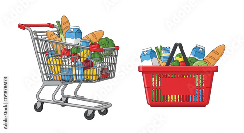 Two shopping carts filled with a variety of fresh groceries and packaged goods