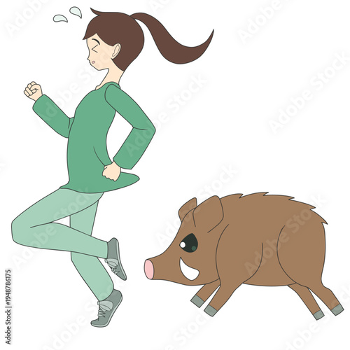 猪突猛進するイノシシとパニックになる女性 絶体絶命のピンチ