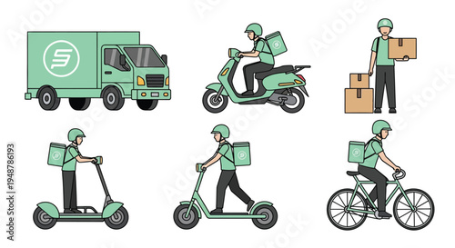 Various green delivery methods illustrated with couriers and vehicles for quick, efficient service.