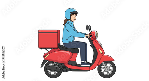 A delivery person riding a red scooter with a large food container