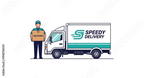 A delivery driver holds a package next to a branded, turquoise speedy delivery van.