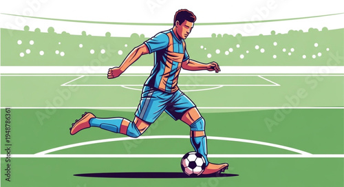 Soccer Player Kicking Ball on Field During Game.