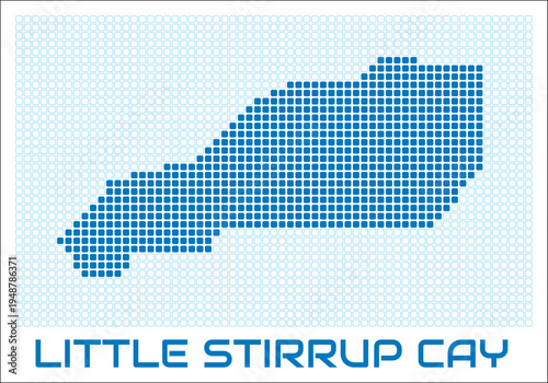 Little Stirrup Cay digital style map with blue rounded rectangle dots. Bahamas. Dotted shape of the island. Little Stirrup Cay blue colored map and title on white background.