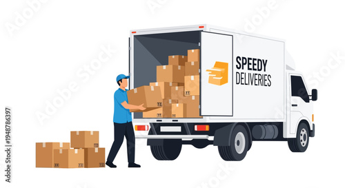 A delivery driver is loading many cardboard boxes into the back of a delivery truck.