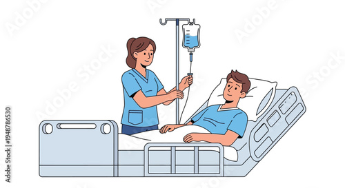 A nurse is adjusting an iv drip for a patient lying in a hospital bed.