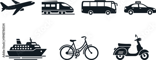 Professional Public Transport Icon Set Featuring Airplane High Speed Train Bus Taxi Ship Bicycle and Scooter Silhouette Illustrations