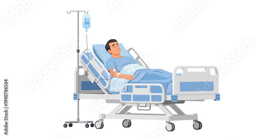 A man rests in a hospital bed receiving an intravenous drip for medical treatment.