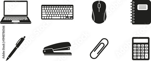 Comprehensive Office and IT Stationery Icon Set Featuring Laptop Keyboard Computer Mouse Notebook Stapler and Calculator Silhouettes