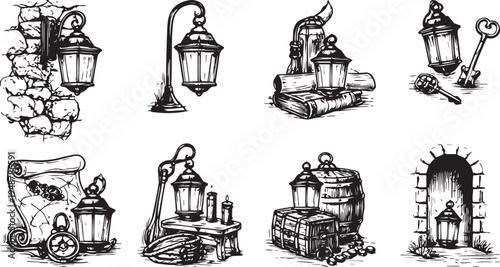 Vintage lantern sketch set, hand drawn street lamp stone wall candle medieval line art icons