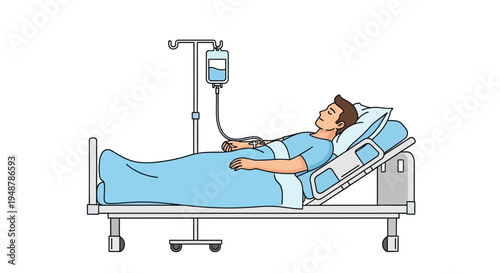 A patient is lying in a hospital bed, connected to an intravenous drip for treatment.