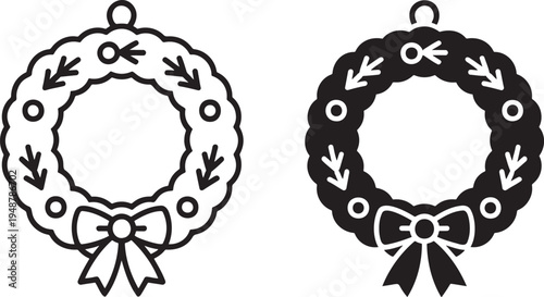 Christmas wreath silhouette & outline set isolated on transparent background